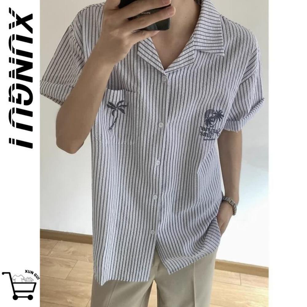 Embroidered Striped Short Sleeve Shirt Men Korean Style Collar Casual Loose Top