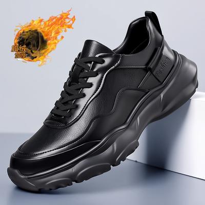 FashionWinter New Plush Warm Leather Casual Sports Shoes, Autumn Men's Classic Black Comfortable Thick Sole Lace Up Casual Sports Shoes