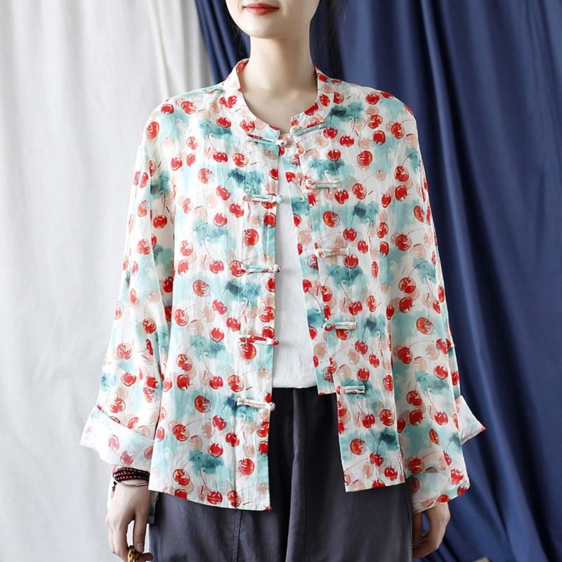 Johnature Femei Vintage Imprimeu Floral Cămăși Topuri Guler Înalt Mânecă Lungă Cămăși cu Nasturi Toamnă Ramie Cămăși Femei