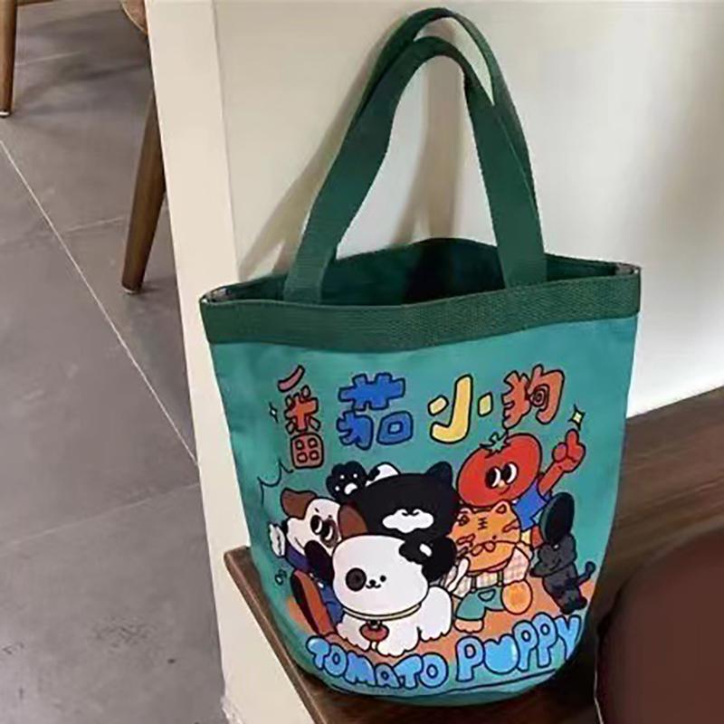 Geantă Găleată Graffiti cu Model Animal Drăguț Portabilă Geantă Cilindrică cu Inscripție Ins Geantă Canvas pentru Bento Geantă de Mână pentru Cutia de Prânz