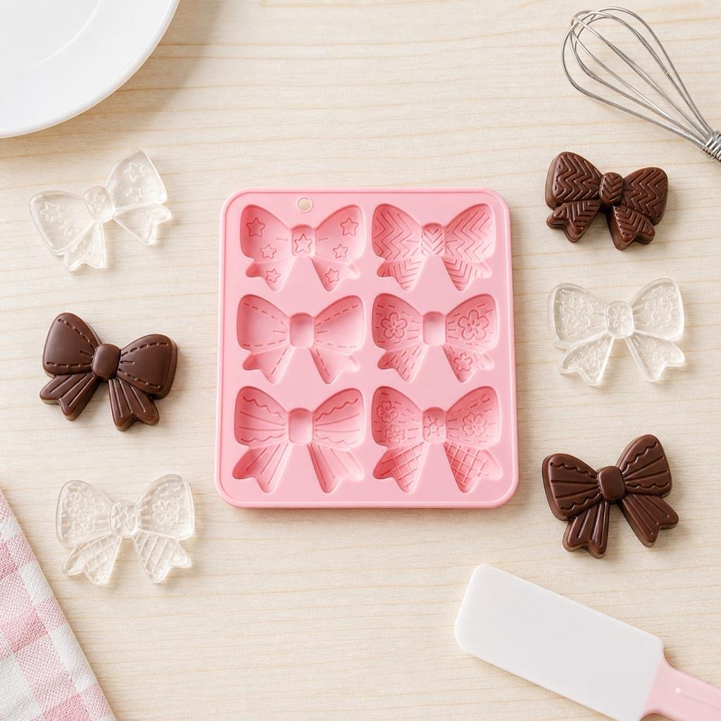 Silicone Bowknot Mold Set 6 Cavities for Cake Decoration Soap Making Resin Chocolate Candy Mold Flexible Non-Stick Baking Tool