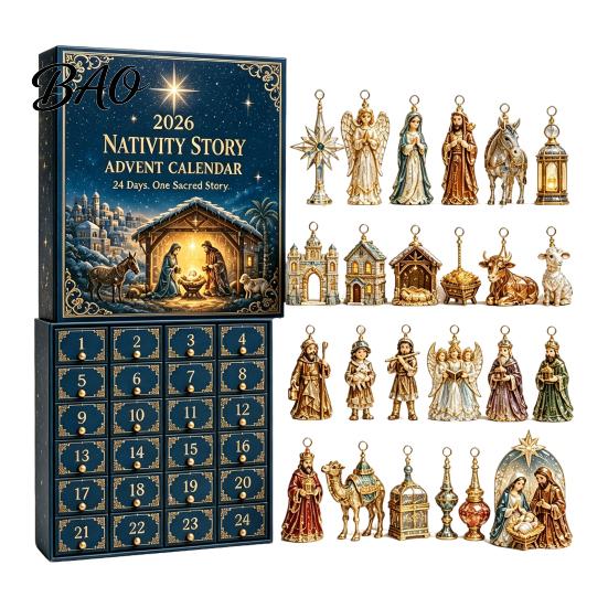 Christmas Themed Box Nativity Advent Calendar 2026, 24 Day Countdown with Holiday Keepsake Gift for Friends Pcs 2D Acrylic Religious Figures,
