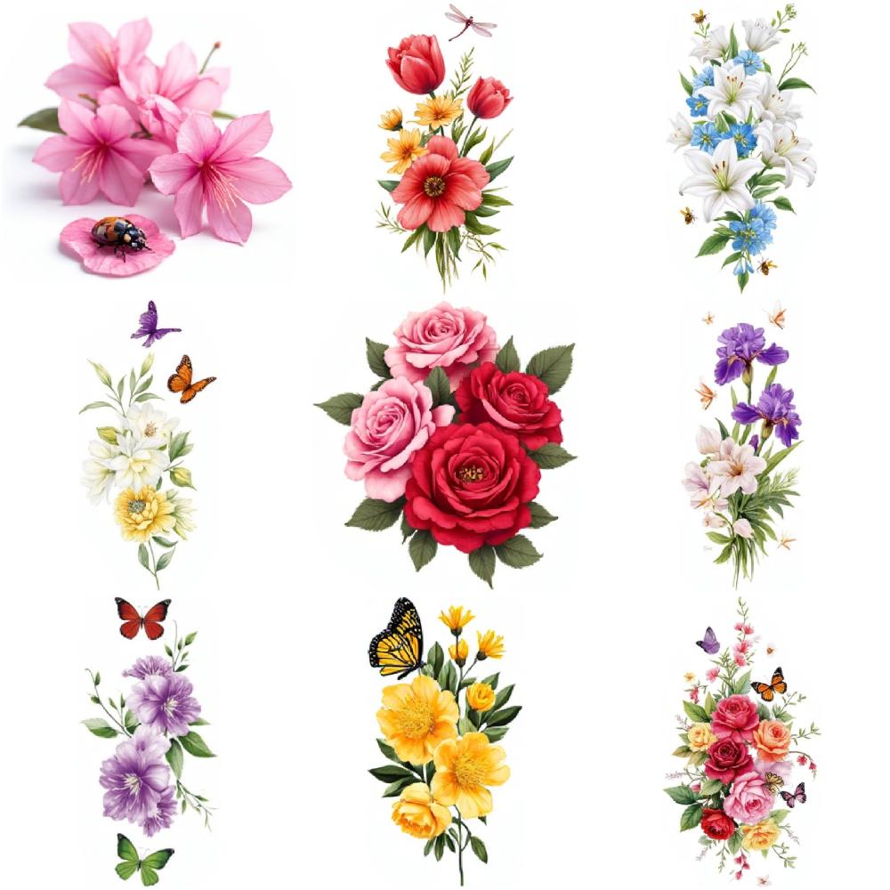 9pcs Temporary Tattoo Temporary Tattoo Stickers Hydrangea And Roses Tulips Roses And Butterflies For Male Thighs Arms