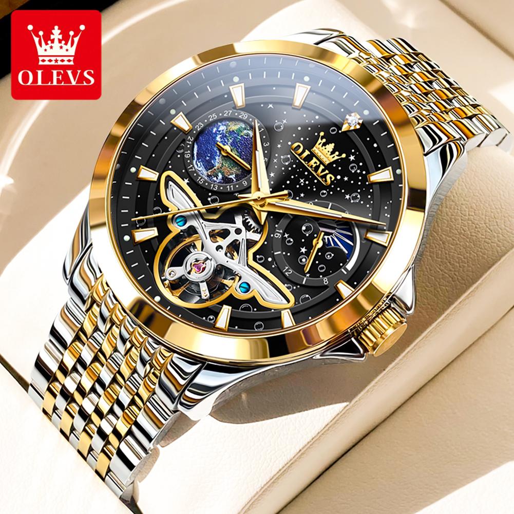 OLEVS 6705 Mens Mechanical Watch Luxury Original Flywheel Automatic Watch Waterproof Moon Phase Luminous Sports Watches