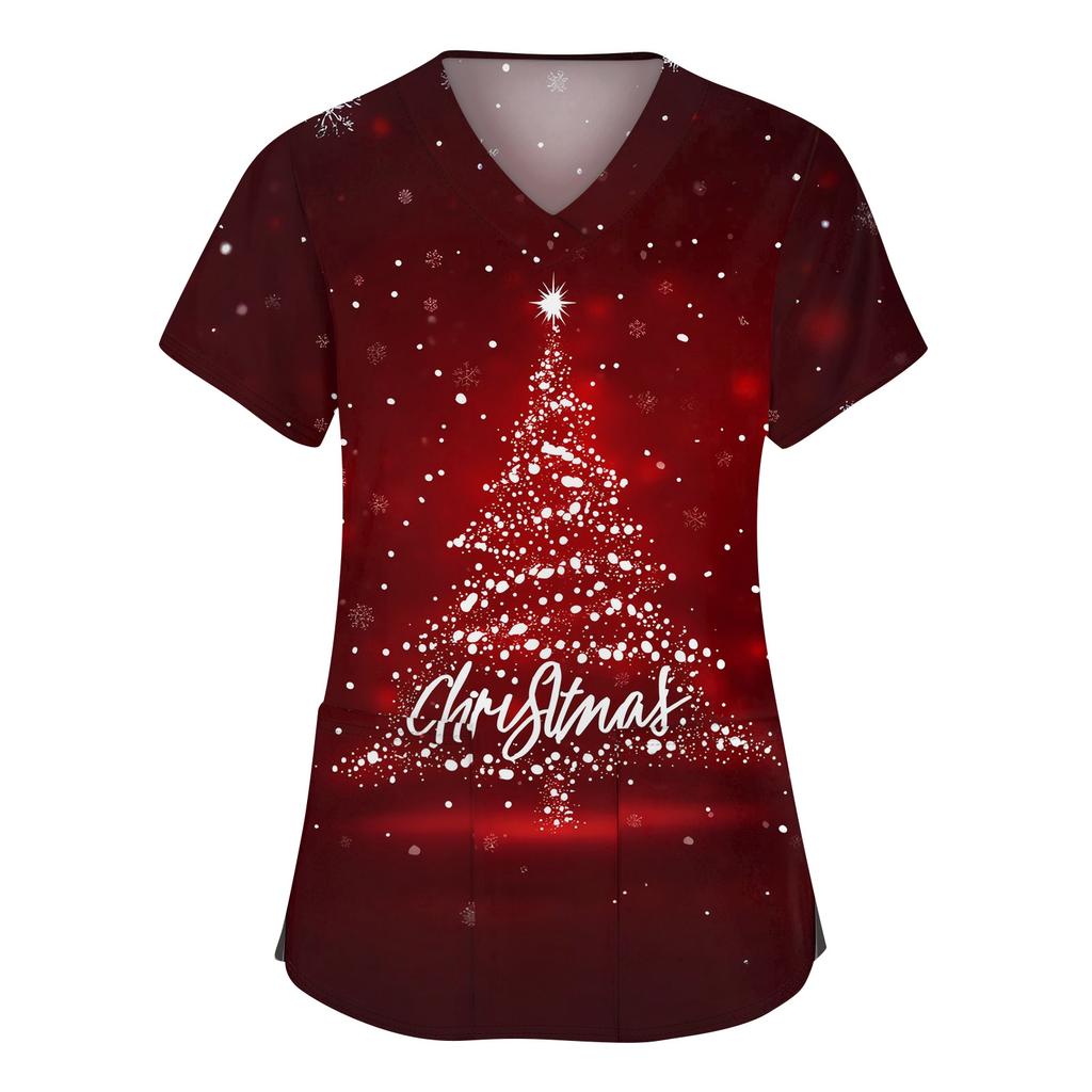 Women's Fashion V-neck Short Sleeve Workwear With Pockets Christmas Printed Tops