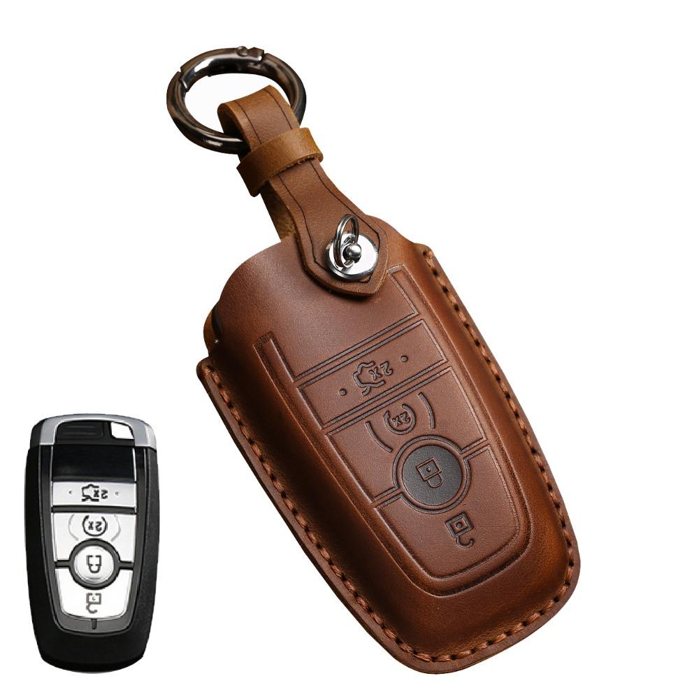 Premium Leather Key Case for Lincoln Ford Raptor Explorer Edge F150 Expedition Rugged Cowhide Cover