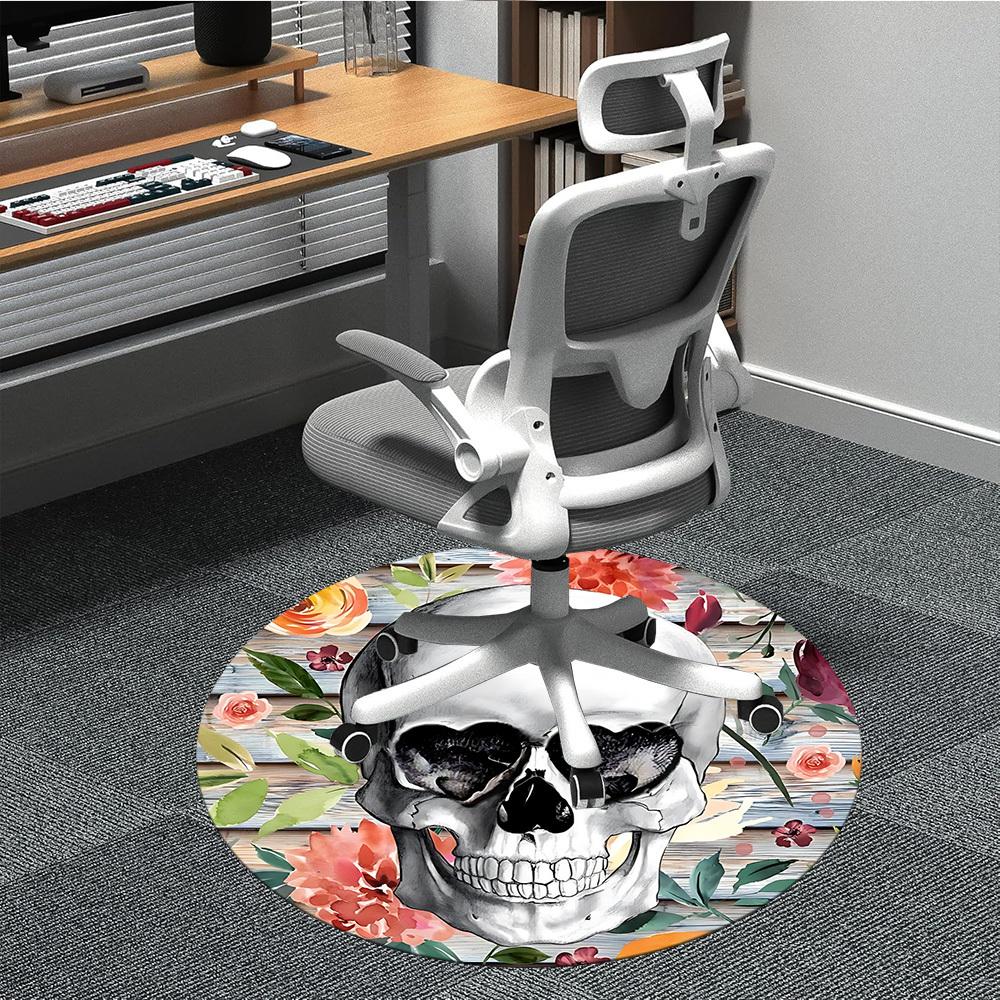 1pc Skull Floral Decor Chair Carpet for Office, Round Polyester Mat, Indoor Decor for Office, Easycare Fabric, Washable Non-slip Area Carpet