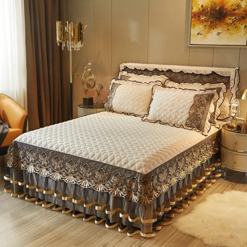 Europäische Luxus-Stickerei verdicken samt gesteppte Tagesdecke Single Queen King Spitze Bett Rock Bettdecke Bettlaken Kissenbezug #/