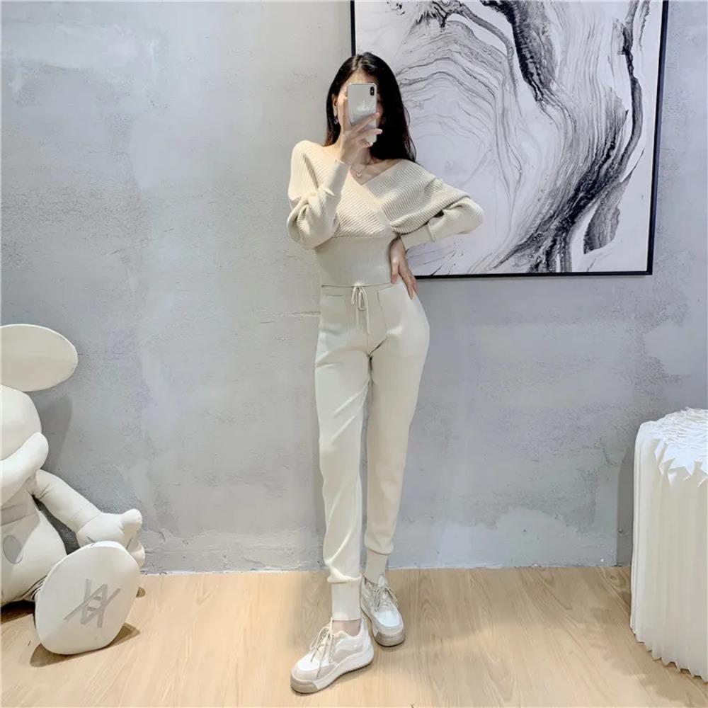 Trening elegant Set două piese sexy pentru femei în stil coreean tricotat cu nervuri Top fără spate și costum lung harem cu pantaloni ținute de toamnă y2k