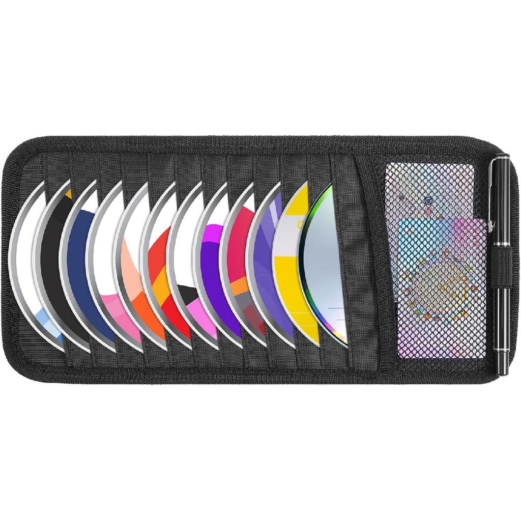 Black Car CD Case Holder DVD Vehicle Visor Storage Orangizer Large Capacity CD Visor Case With 12 DVD Storage Sleeves 1 Mesh Pocket 1 Pen Holder And