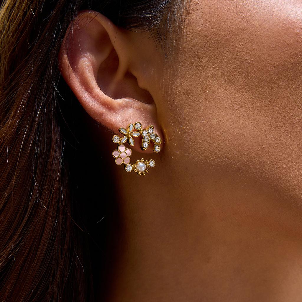 Sweet and romantic design 18K gold pearl with diamond butterfly white drip flower earrings