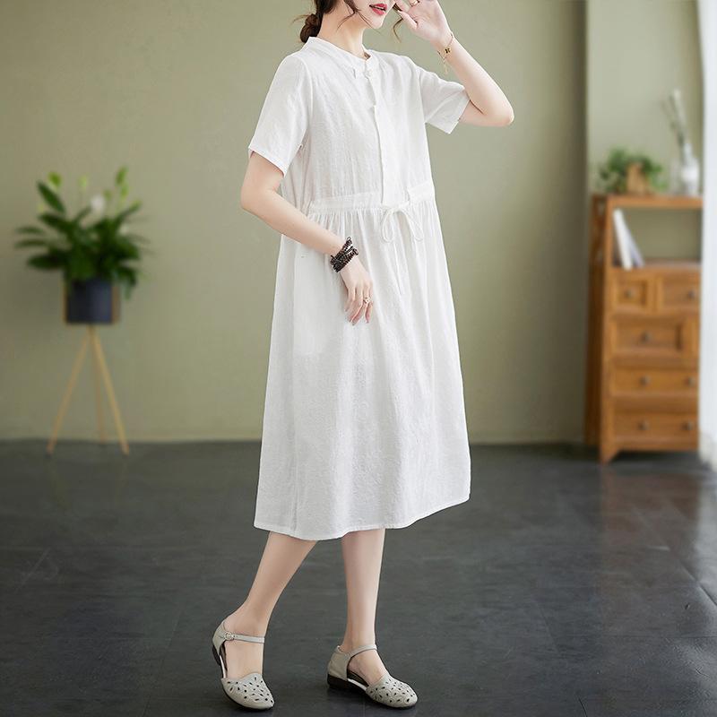 

Jacquard cotton and linen dress women s 2025 summer Chinese style buckle fan solid color short-sleeved ramie medium and long dress 2XL білий