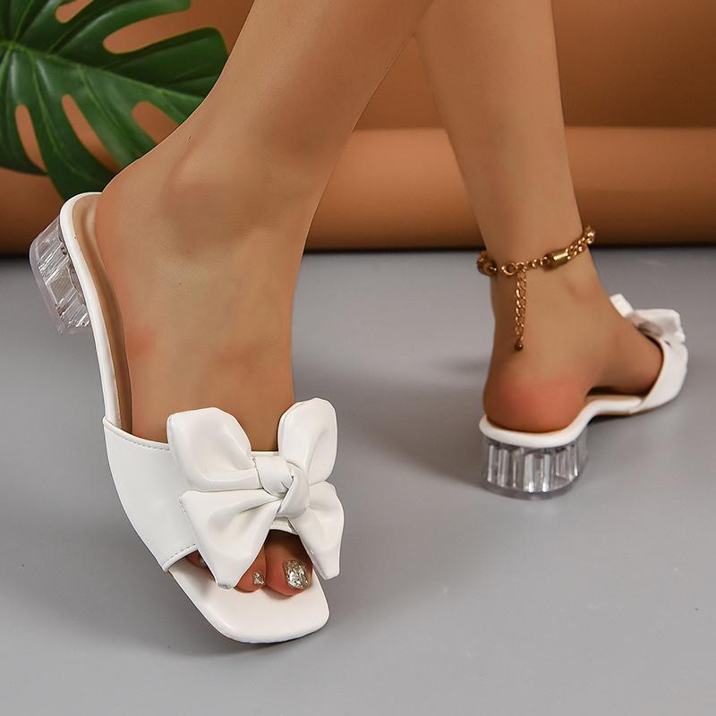 Sweet White Big Bowknot Decoration Medium Heel Slippers Women Square Toe Clear Heels Slides Outdoor Slippers 2025 Summer