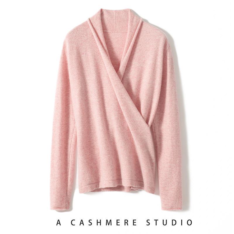Elegant Slim-Fit Cross V-Neck Cashmere Knit Sweater - Women's Autumn Solid Color Pullover