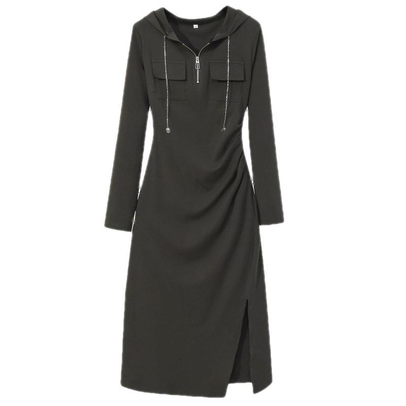 2023 Autumn Hooded Zipper Slit Dress for Women - Large Size, Slimming, Belly-Covering, Age-Reducing Style