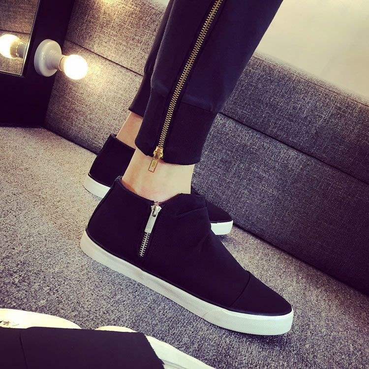 Boys Board Shoes Korean Version of High-top Espadrilles Side Zipper Foot Cover Black Teen Tide Student Winter Velvet Cotton Shoes