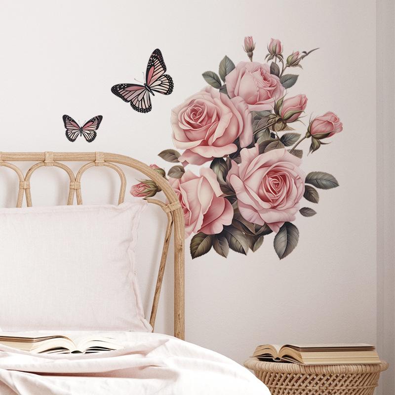 Romantická růže Butterfly Ložnice Veranda Beautify Dekorativní samolepky na zeď Samolepící