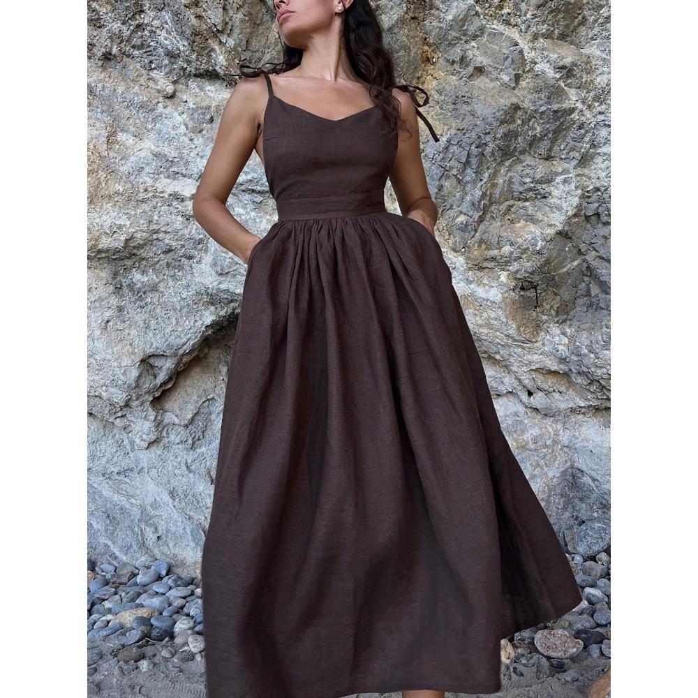 Women's Tie Spaghetti Strap Midi Dress Slim Waist A Line Solid Cotton Vacation Elegant Summer Sundress