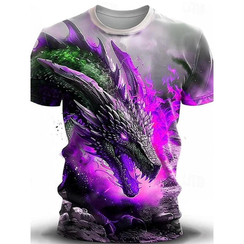 Animated 3D Dragon Pattern Summer Men's Casual T-Shirt Outdoor Sports Comfortable Short Sleeves Street Fashion Round Neck Tops