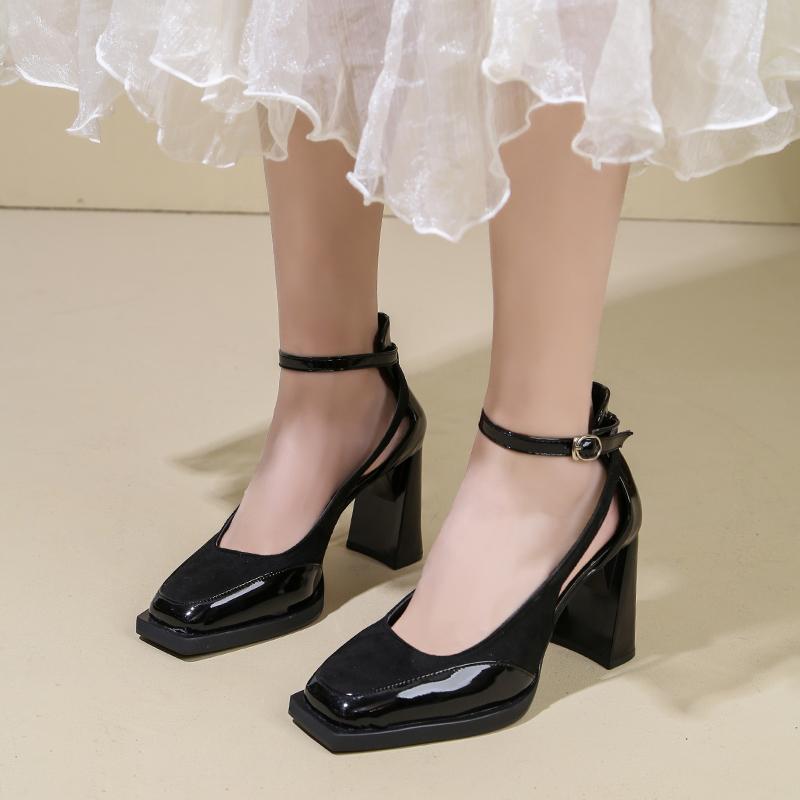 Retro Dziurkowane Platformy Szpilki Damskie Wiosna i Jesień Kwadratowy Nosek Słupkowy Obcas Jedna Klamra Mary Jane Pojedyncze Buty