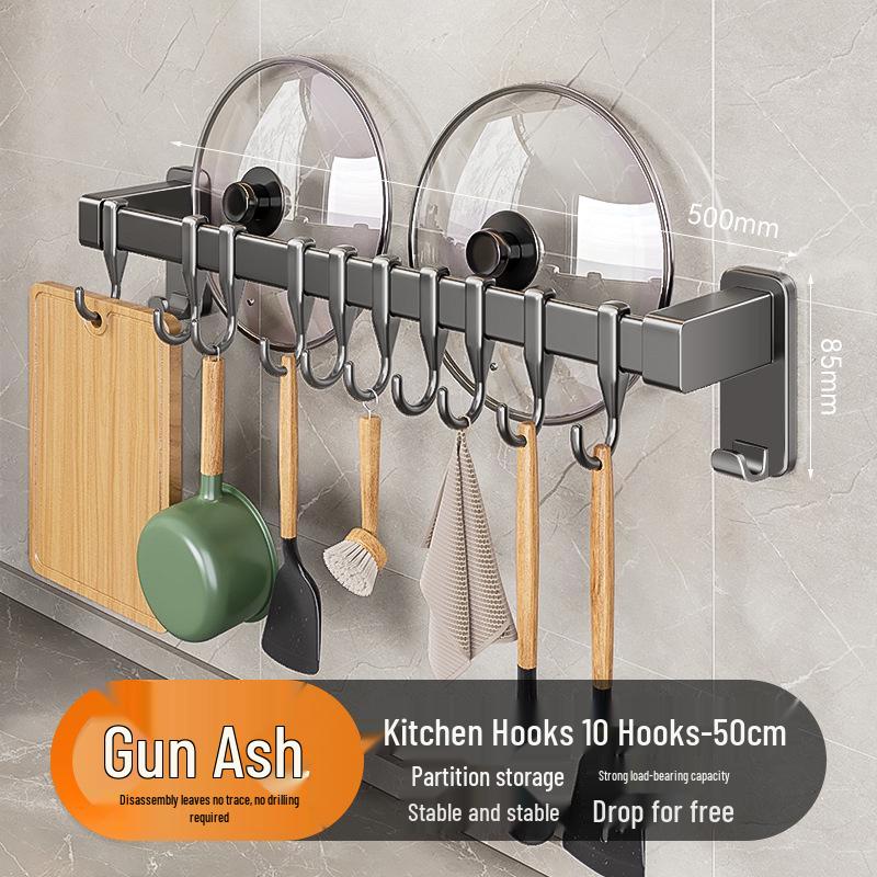 Gun Gray Kitchen Rail Hook Punch-Free Multi-Functional Organizer: Spoon, Spatula, Knife Holder with Hanging Hooks