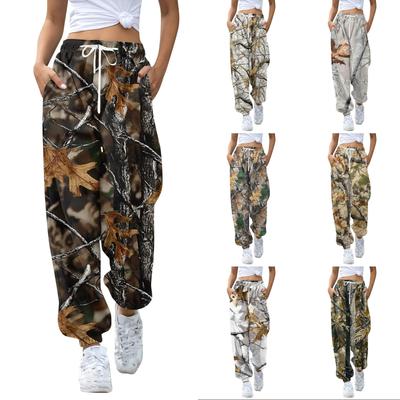 Women's Casual Leaf Print Jogger Pants with Drawstring Elastic Waist and Tapered