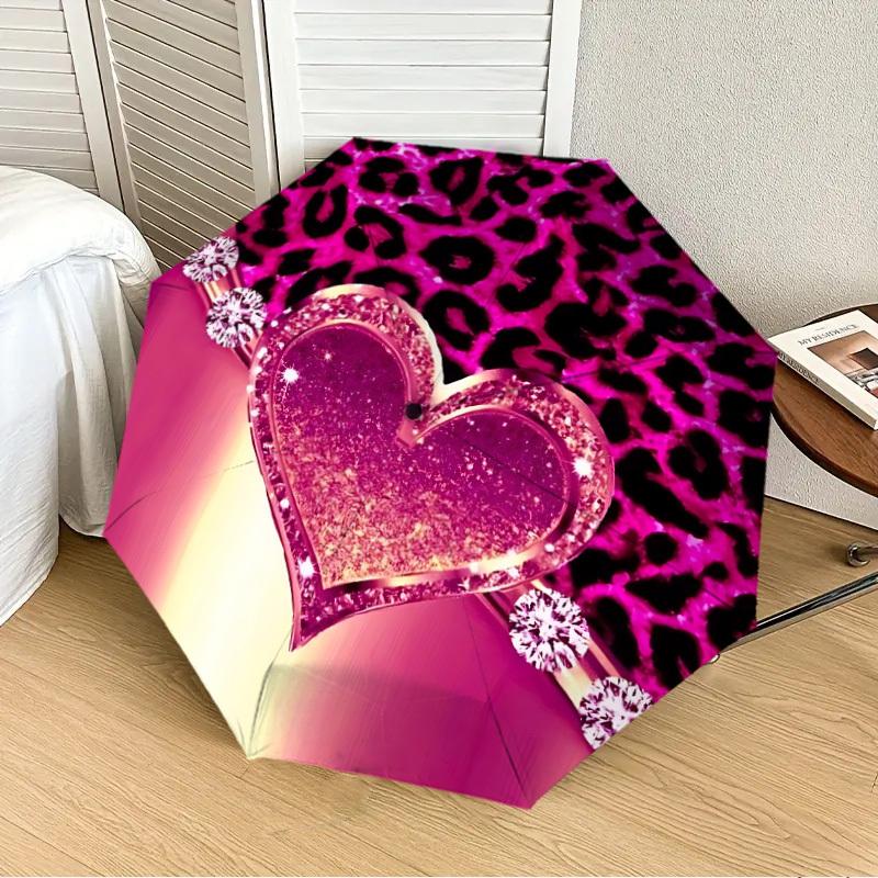 1pc Leopard Heart Automatic Open/Close Umbrella, 8-Rib Sturdy Frame, Umbrella for Travel, Everyday, Formal Events Yy251126001
