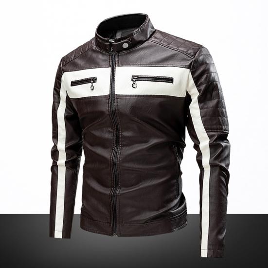 Men Jacket Color Block Slim Windproof Faux Leather Stand Collar Outerwear for Working