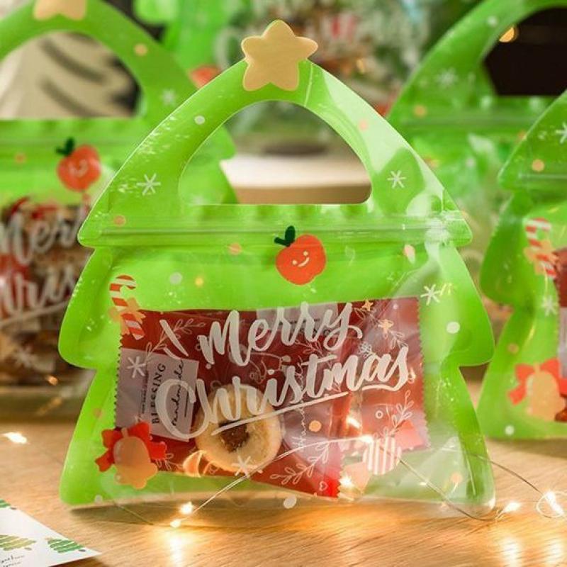 10Pcs Christmas Candy Cookie Zipper Bags Xmas Tree Santa Sweets Gift Packaging Bag Christmas Party Decoration Supplies New Year