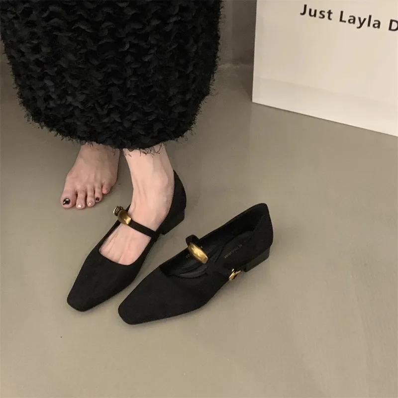 Block Heel Black Mary Jane Women's Shoes Spring and Autumn 2026 New Suede Shallow Mouth One Strap Vintage Versatile Single Shoes