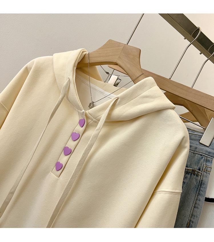 Heart Button Hoodie: College Style Loose Fit for Spring & Autumn 2025