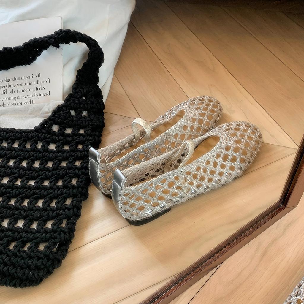 Grape mother with the same round head woven hollow breathable elastic versatile one-word belt Mary Jane shoes shallow mouth flat-soled single shoes