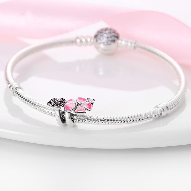 Charms Originalcopper Two Small Pink Flowers Beads Fit Bracelet Jewelry Diy Women Party Gift