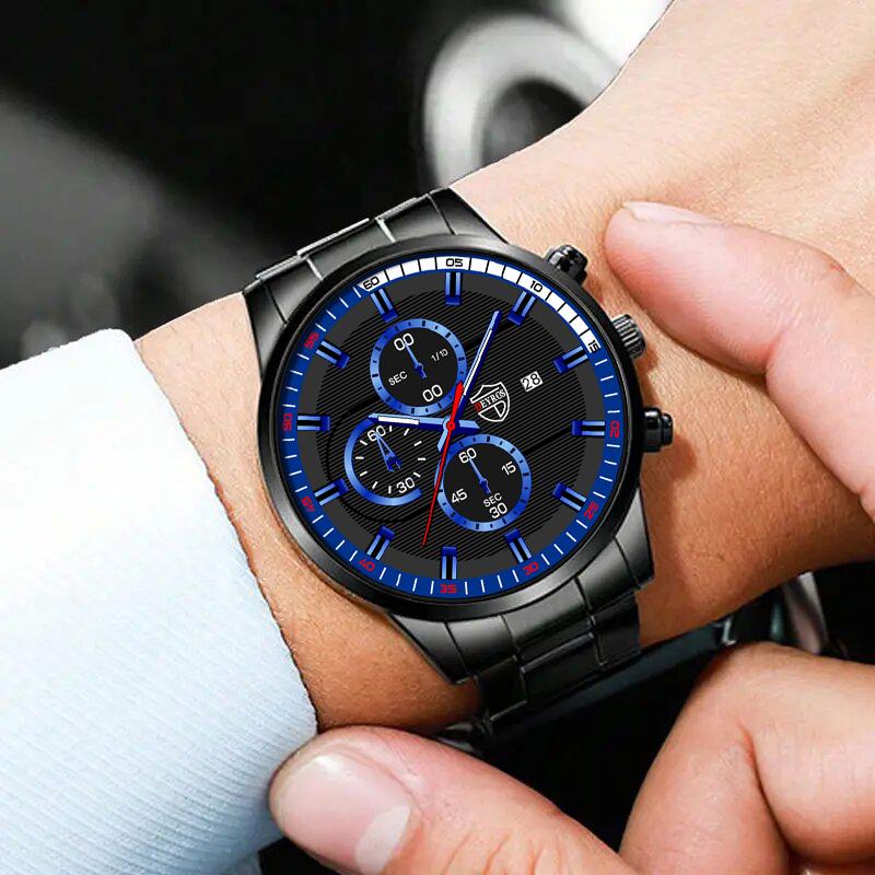 Fashion Men's Casual Watch Man Stainless Steel Mesh Band Wristwatch Mens Calendar Quartz Watches Bracelet Neckalce Set Date Clocki