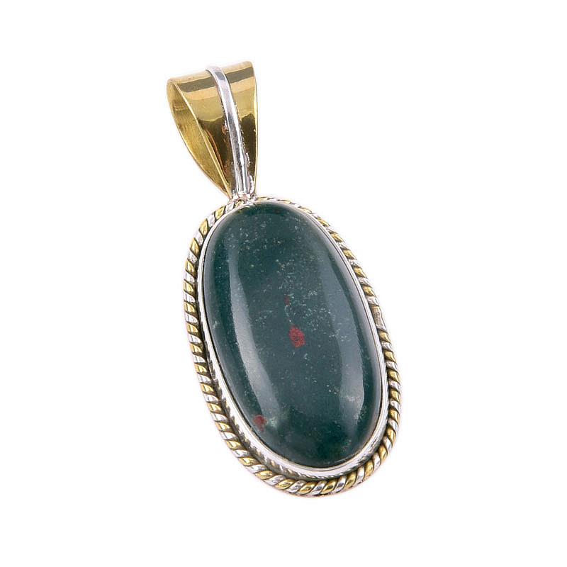 Natural Bloodstone 925 Solid Sterling Silver Jewelry TwoTone Pendant 1.50" g5h46