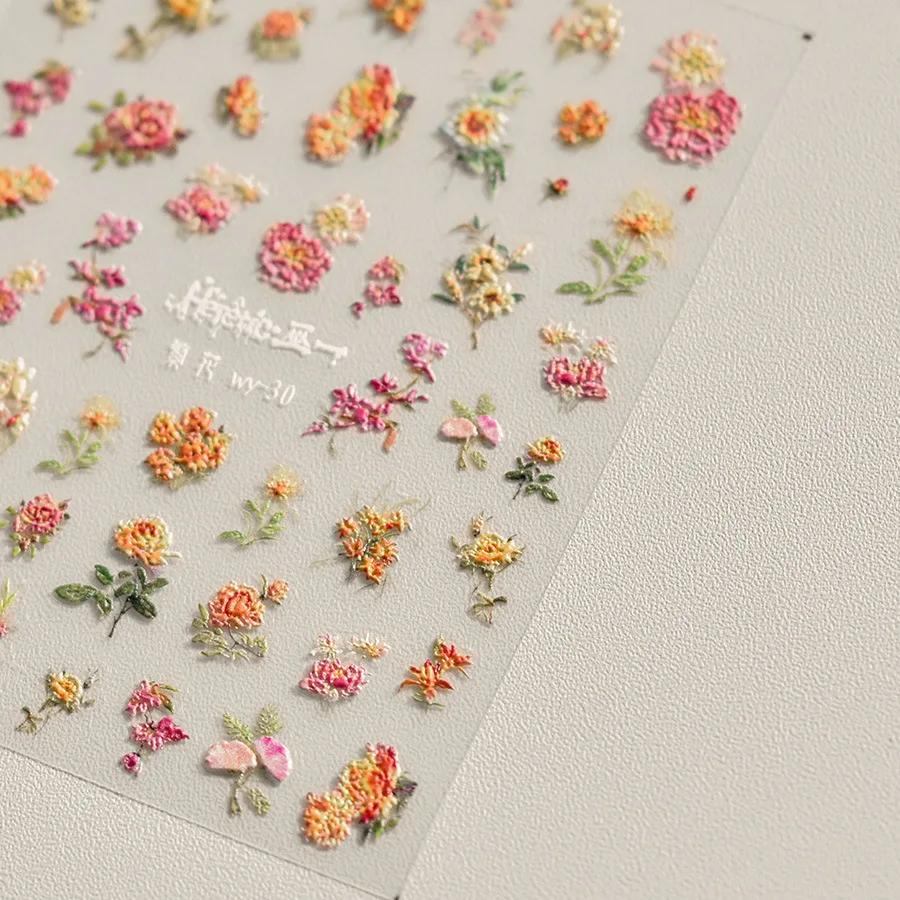 White Flower Gold Leaf Floral Petal Tulip Bloom Charming Retro Metal Soft Self Adhesive 5D Nail Art Sticker Manicure Decal DIY