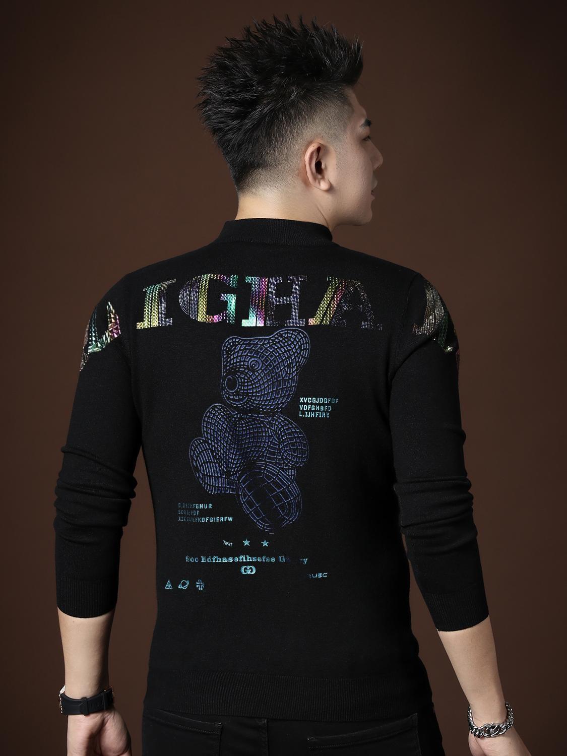 European Style Half-Turtleneck Pullover Men s Knit Sweater 2025 New Autumn Trendy Bear Rhinestone Top for Men M