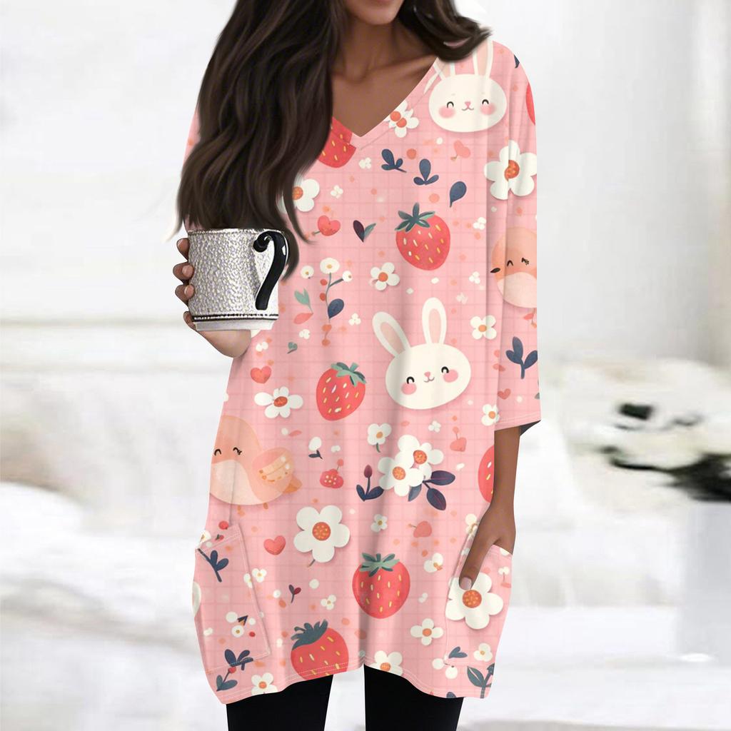 Womens Tops V-neck 3/4 Sleeve Blouses Casual Mid-length Shirts Fashion Print Tunic Tops With Pockets