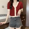 Blue Short Sleeved Knitted Sweater Women's Summer Thin Cardigan Design Sense Short Knitted Top