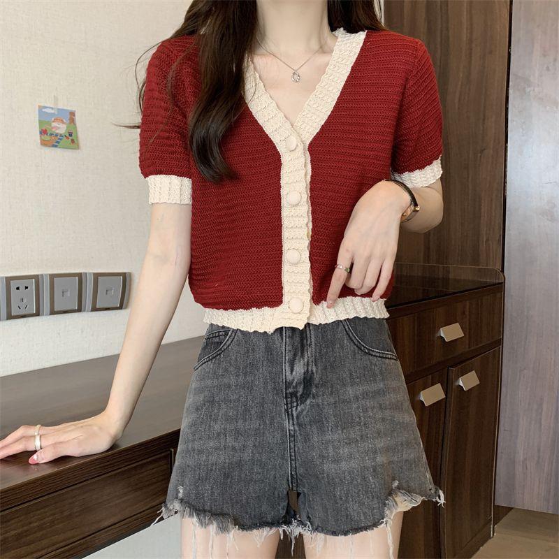 Blue Short Sleeved Knitted Sweater Women's Summer Thin Cardigan Design Sense Short Knitted Top