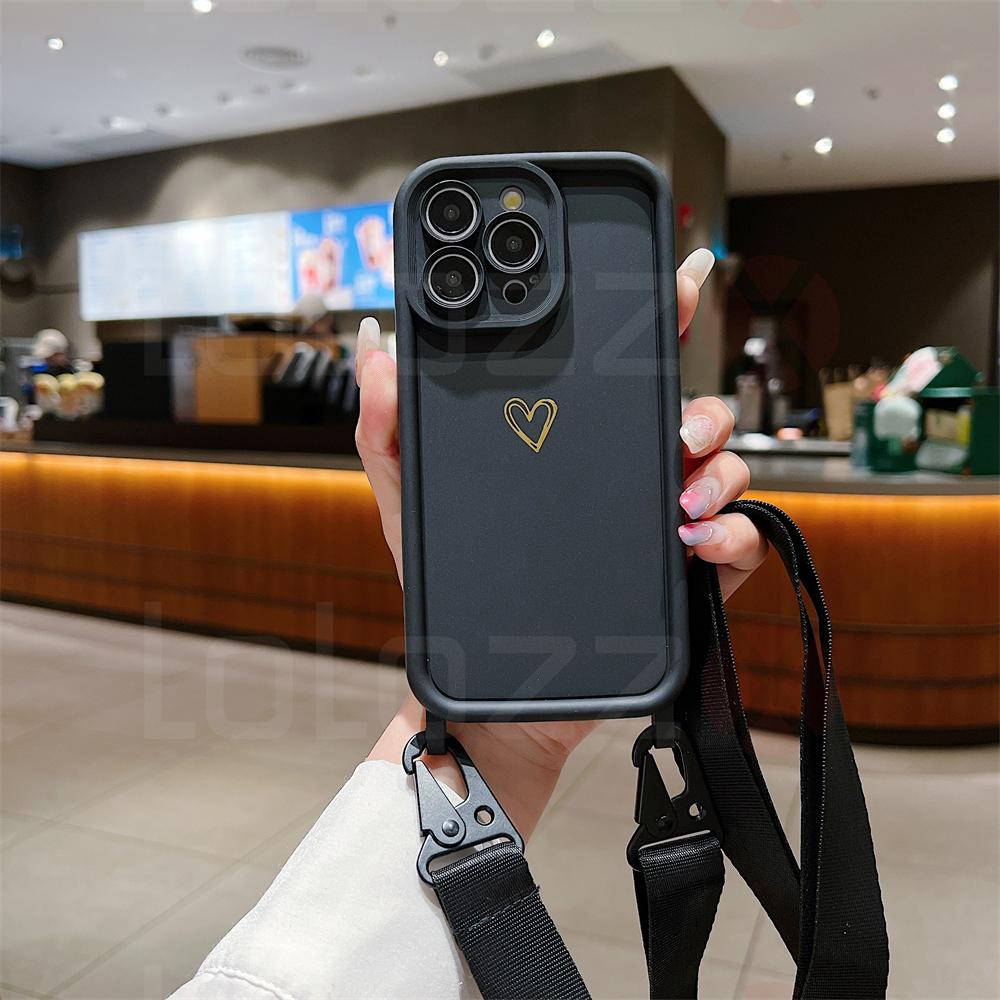 Cute Love Heart Crossbody Necklace Lanyard Strap Soft Case For 16 15 14 13 12 17 Pro Max X XR 16 Plus Solid Color Cover