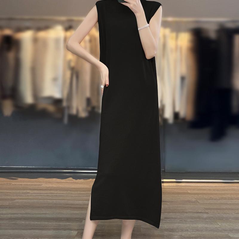 Pure Cotton Thread Long Over-knee Sleeveless Knitted Dress for Women's Summer Round Neck Mid-length Inner Layer Bottom Slit Long Skirt
