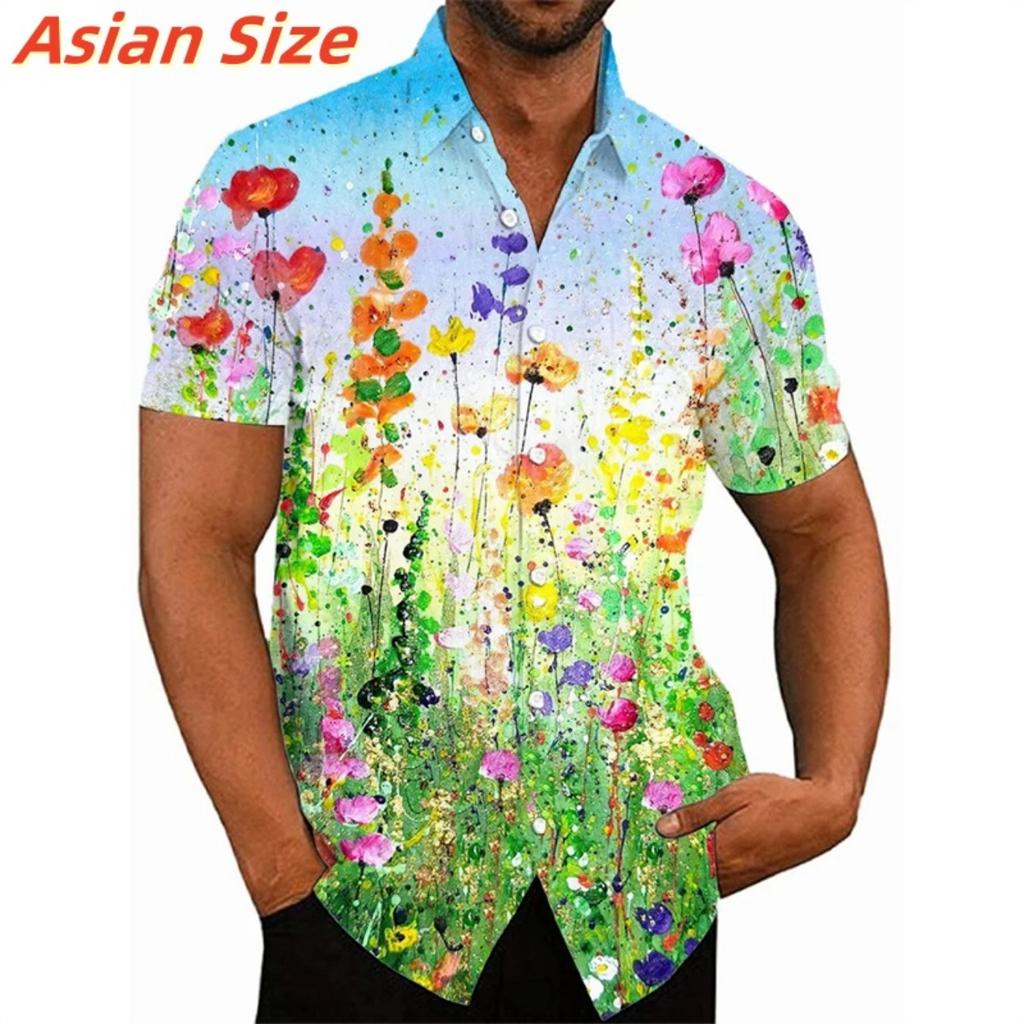 Colorful Flower Clusters Pattern Lapel Shirt For Men Plants 3D Printed Hawaiian Shirts Fashion Short Sleeve Tops Harajuku Blouse