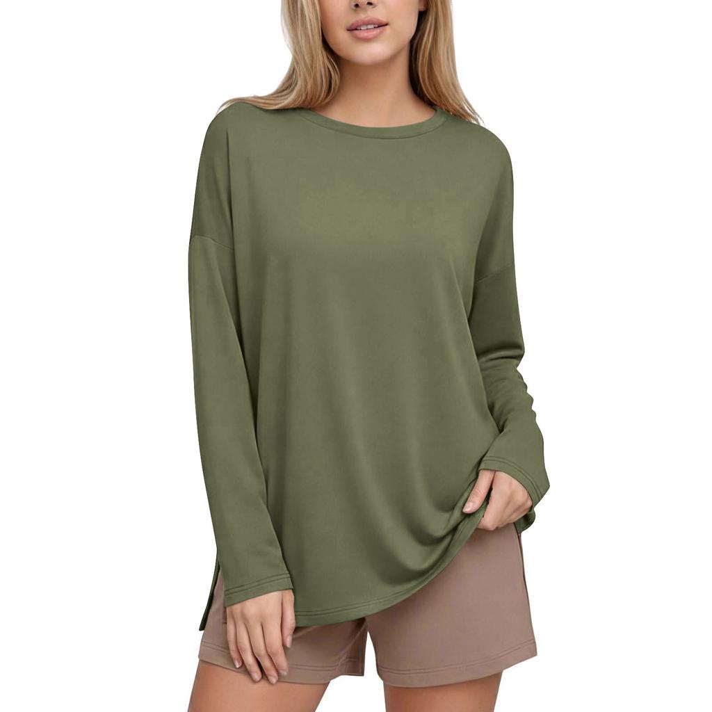 Women's Casual Long Sleeve Loose Fit T-Shirt with Crew Neck and Side Slit Hem Lightweight Pullover Top for Everyday Wear