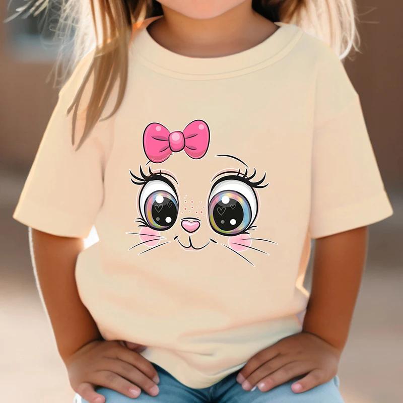 T-shirt Pink Bow Kitten Summer Shirt Girl Cute Cartoon Cat Pattern Top White Short Sleeved Wild T-shirt Animal Anime Costume