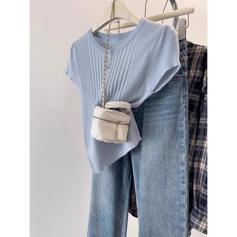 Summer Thin Ice Silk Knitted Short-sleeved T-shirt for Women, High-end Sense, Slim and Thin Temperament, Front Shoulder T-shirt A4304