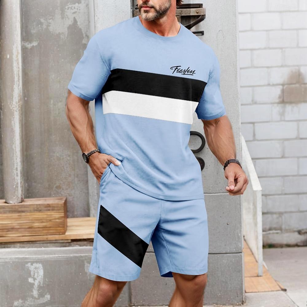 

Men s Striped 2pcs Tees sets s Outdoor Vacation Sport 3D Print Summer Brown ash-colored Light Blue XL