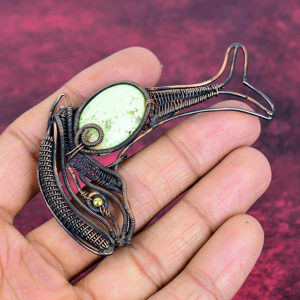 Lemon Chrysoprase Real Gemstone Pendant Fish Jewelry Copper Wire Wrapped Pendant