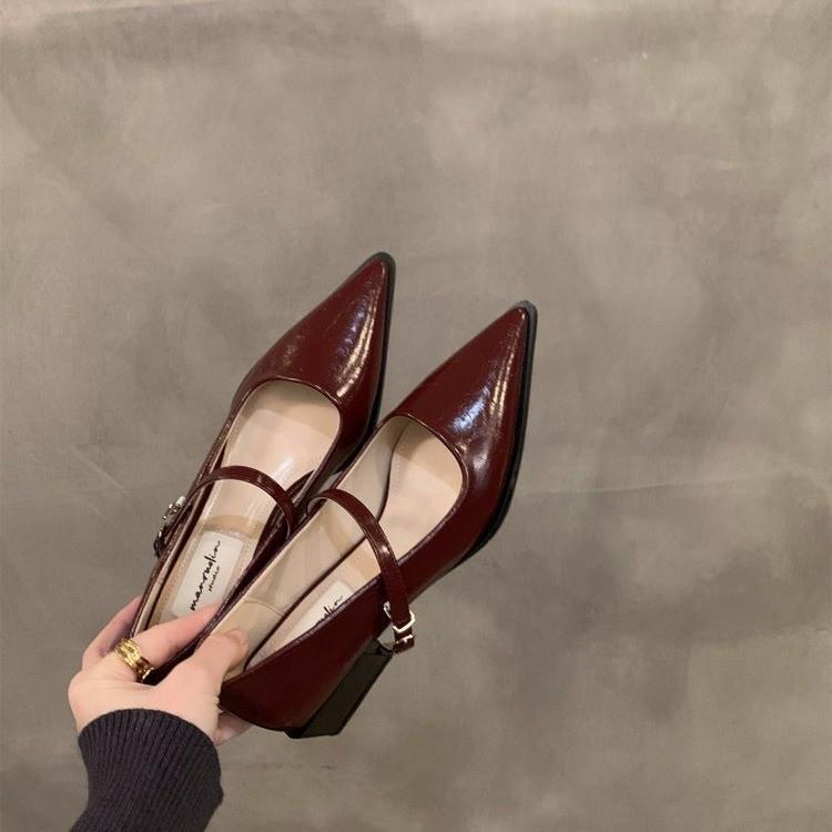Spitze Temperament Rot Mary Jane Einzelne Schuhe Damenschuhe 2025 neu Frühling, Herbst und Winter Hochhackige Französische Abendschuhe