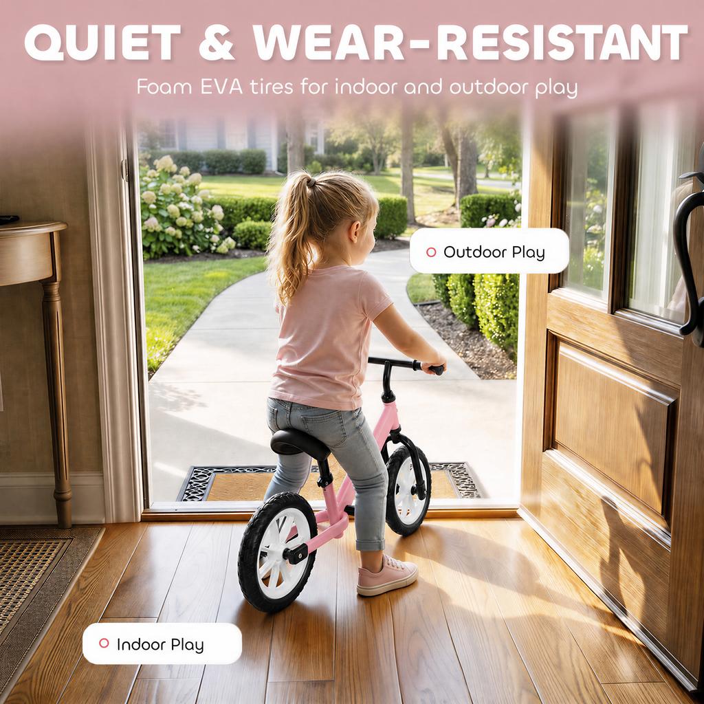11.2" Balance Bike for 2-5 Years, Toddler Bike with Lighting Wheels, Adjustable Seat & Handlebar, 360 Degrees Steering, Pink